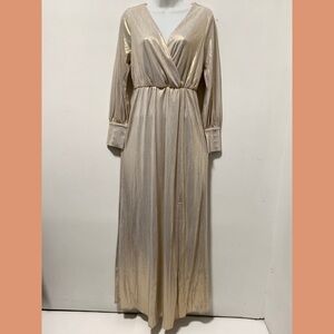 Pink Lily Wrap Gown V-Neck Maxi Metallic Gold Dress Bishop Sleeves S NWOT.